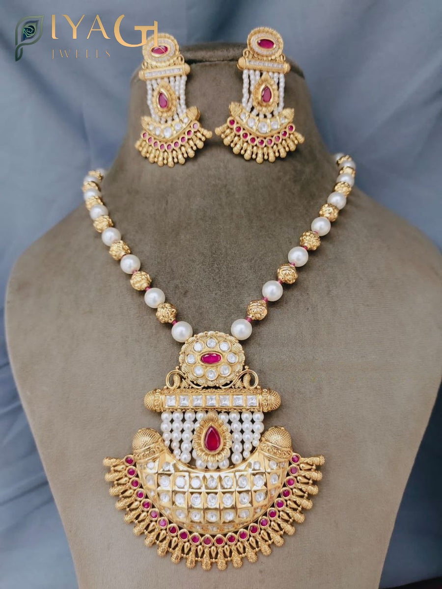 Gold platted layered white stone temple design bridal necklace - PiyaGuJwells