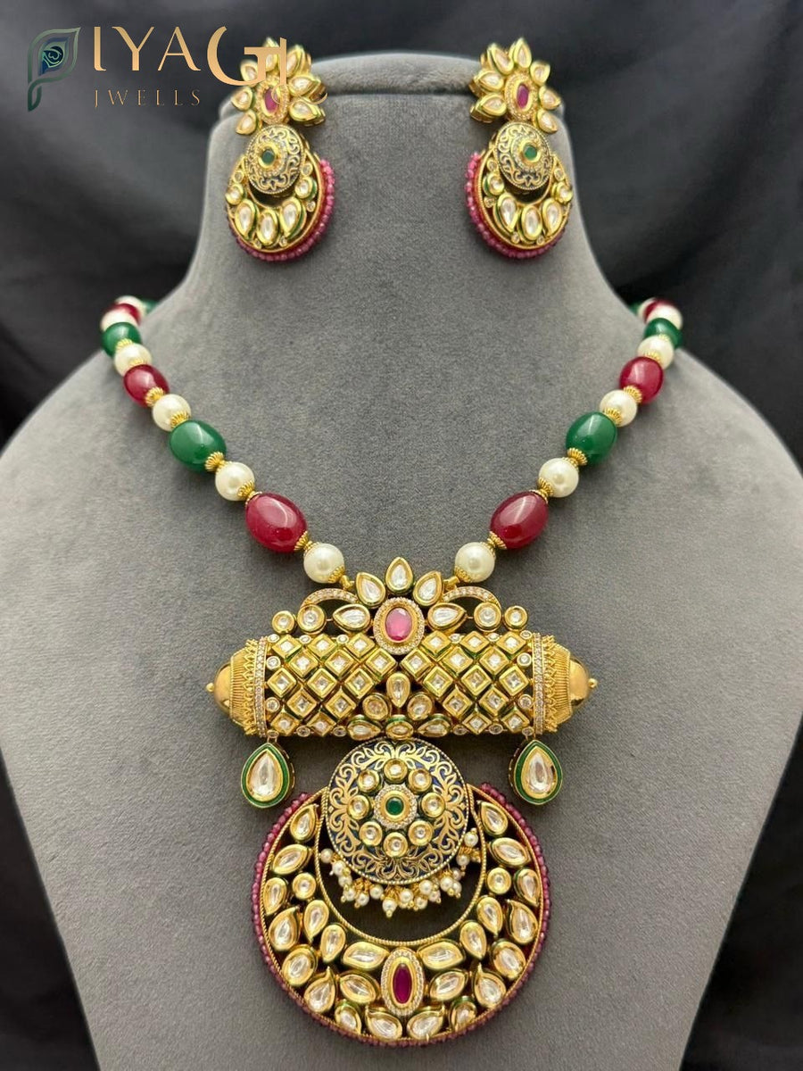 Gold tone multicolor Stone floral layered necklace earring set for festive occasions - PiyaGuJwells