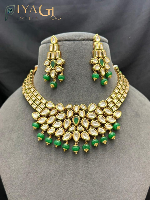Gold tone white Stone layered choker necklace earring set for festive occasions - PiyaGuJwells