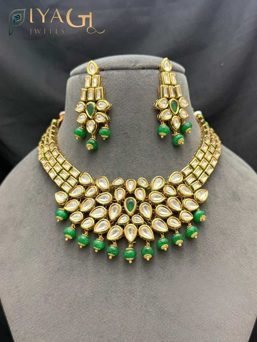 Gold tone white Stone layered choker necklace earring set for festive occasions - PiyaGuJwells