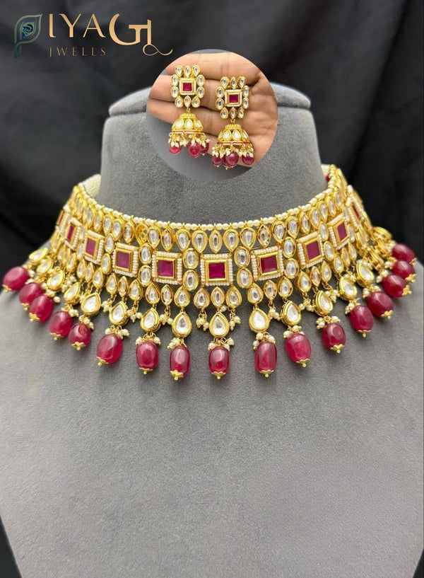 Gold tone red and white Stone floral choker necklace set for bridal occasions - PiyaGuJwells