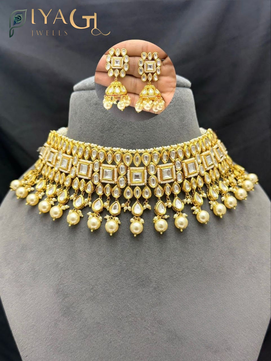 Gold tone red and white Stone floral choker necklace set for bridal occasions - PiyaGuJwells
