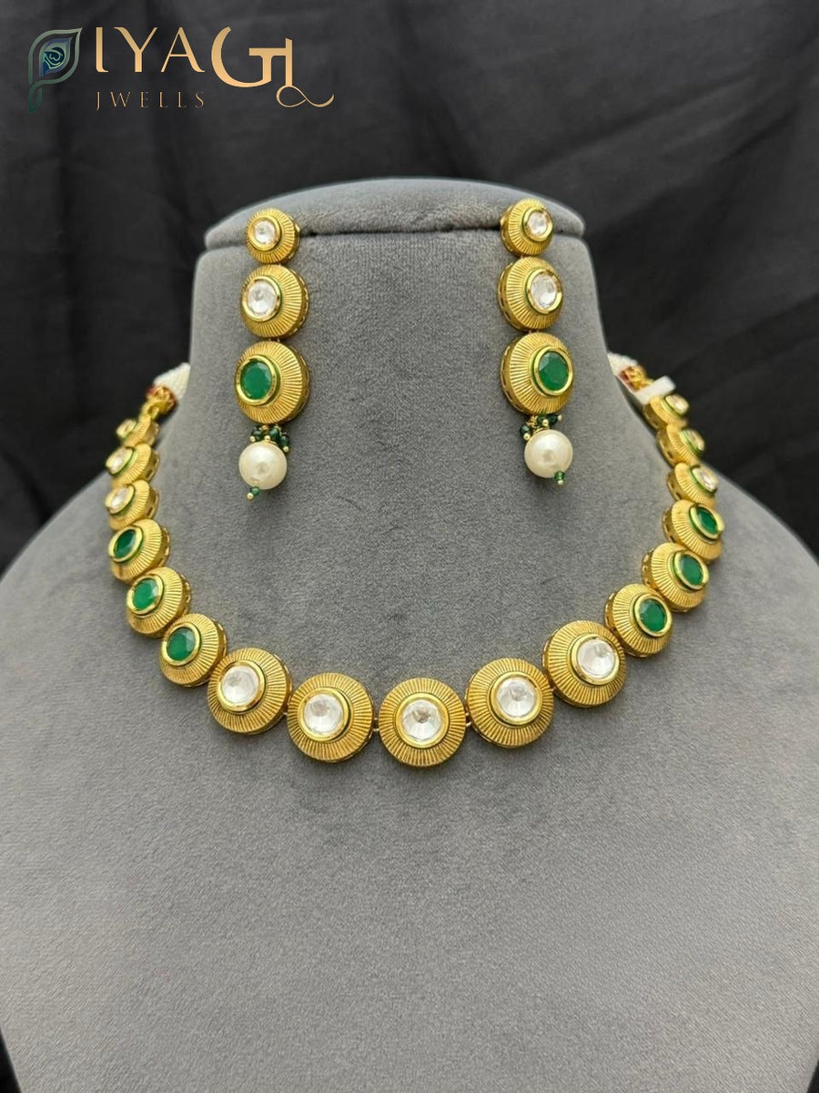 Gold tone white Stone layered necklace with circular design for festive occasions - PiyaGuJwells