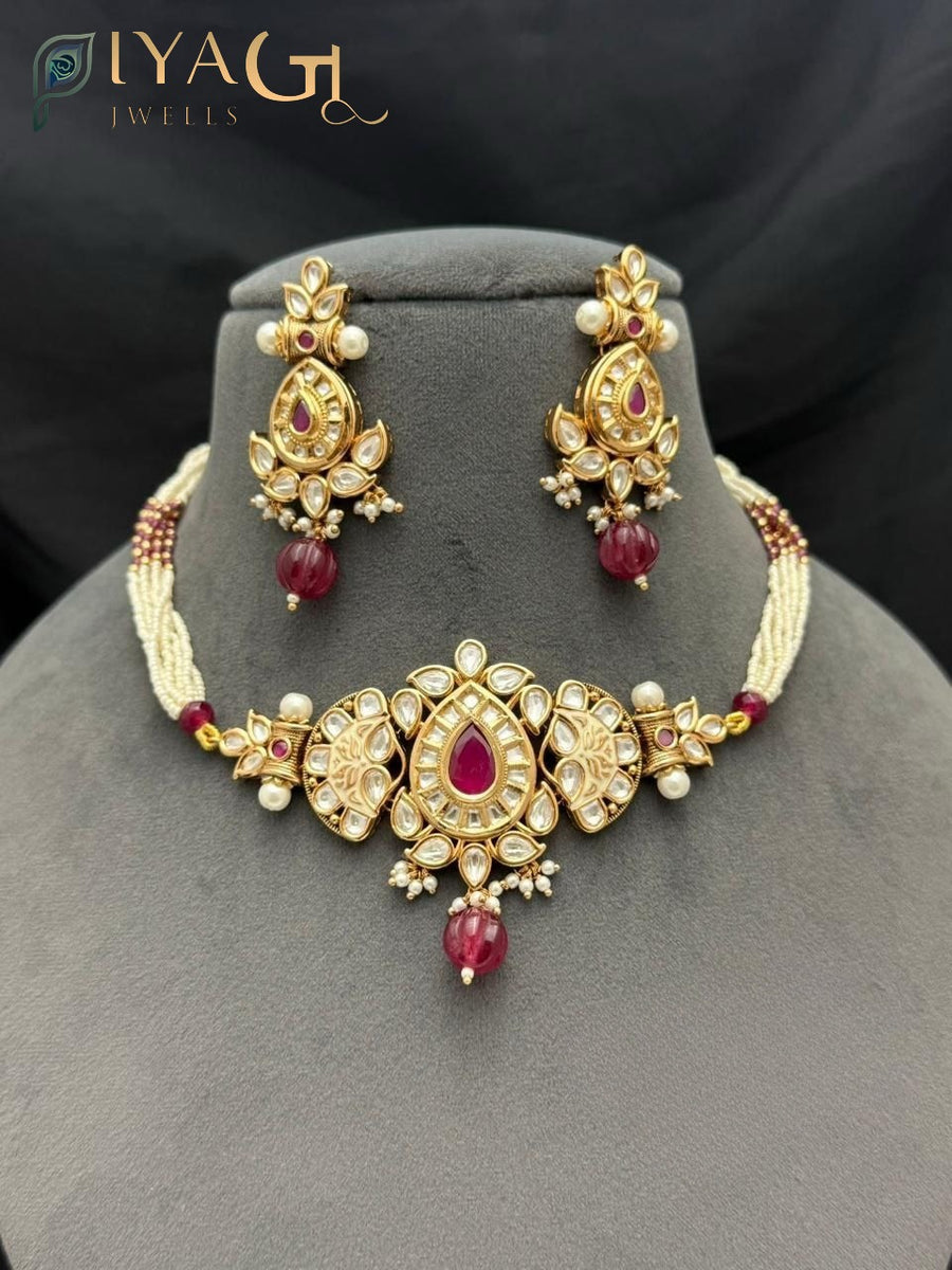Gold platted red Stone floral choker necklace and earring bridal jewellery - PiyaGuJwells