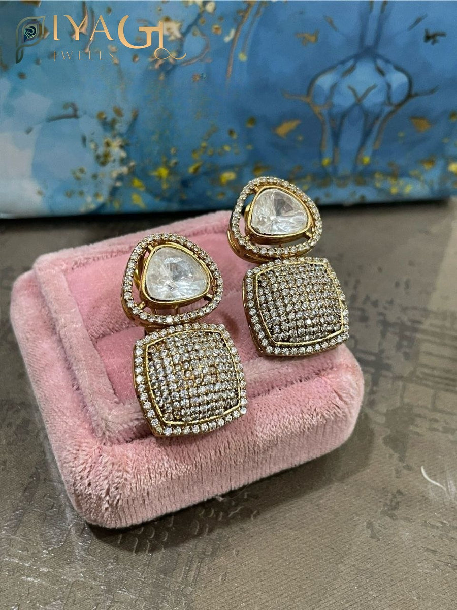 Gold tone white Stone geometric chandbali earrings set for festive occasions - PiyaGuJwells