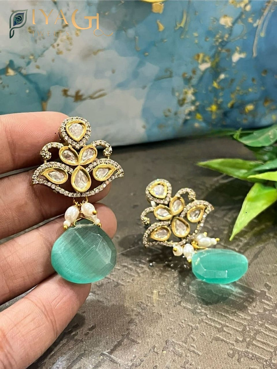 Gold platted green Stone floral chandbali earrings set for festive wear - PiyaGuJwells