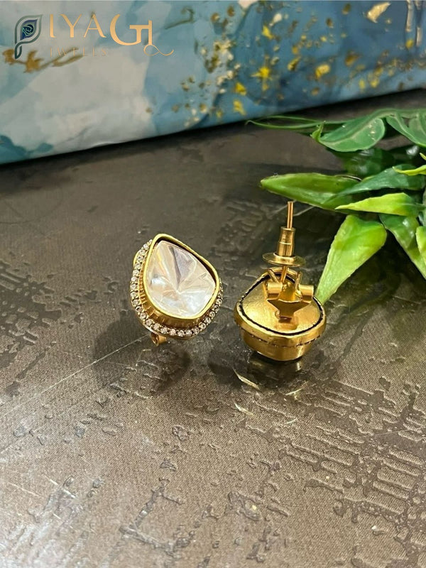 Gold tone floral design white stone bridal stud earrings - PiyaGuJwells