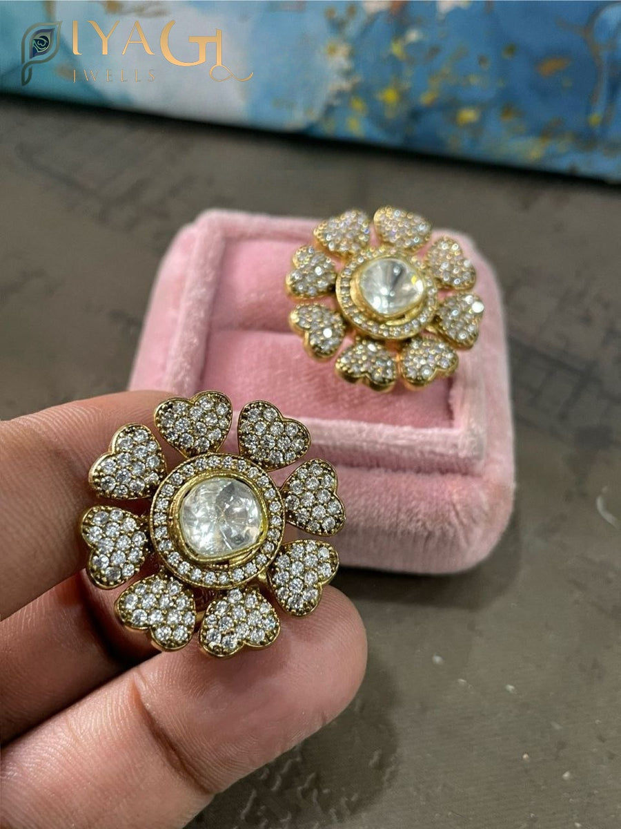 Gold platted white stone floral geometric chandelier earrings for bridal wear - PiyaGuJwells