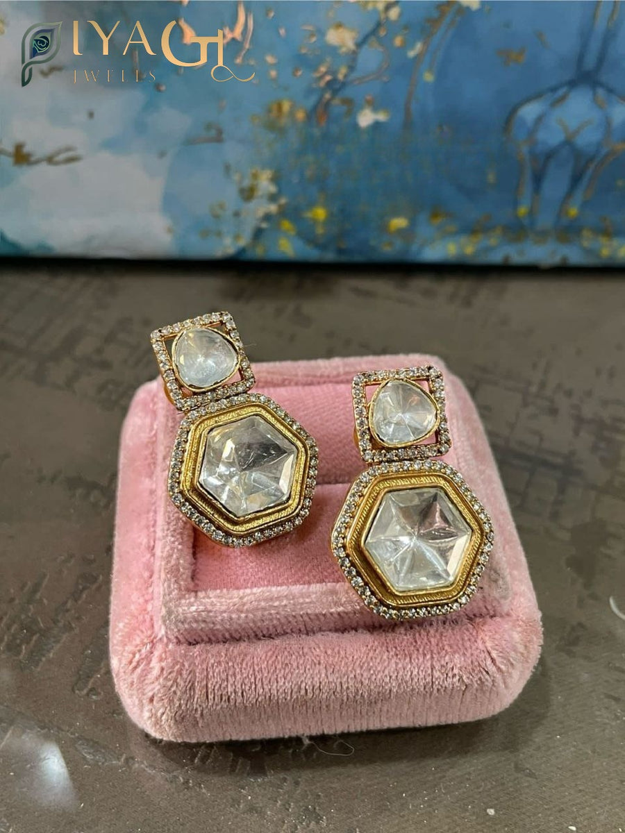 Gold platted white stone floral geometric chandelier earrings for bridal wear - PiyaGuJwells