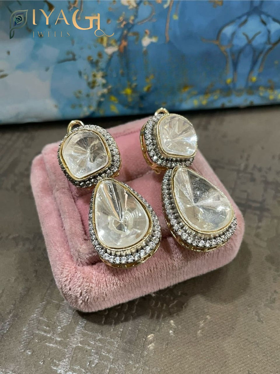 Gold platted floral design white stone chandbali earrings for festive wear - PiyaGuJwells