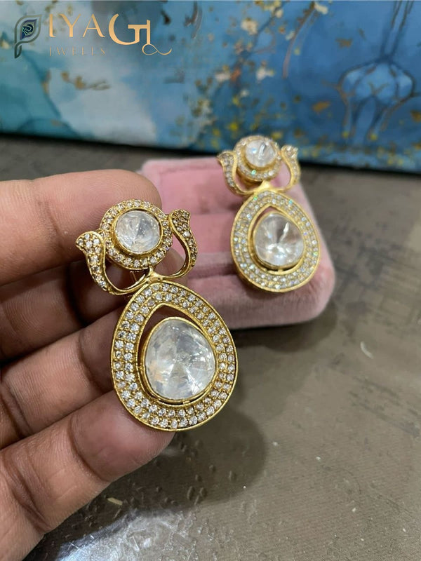 Gold platted white stone floral design chandbali earrings for bridal wear - PiyaGuJwells