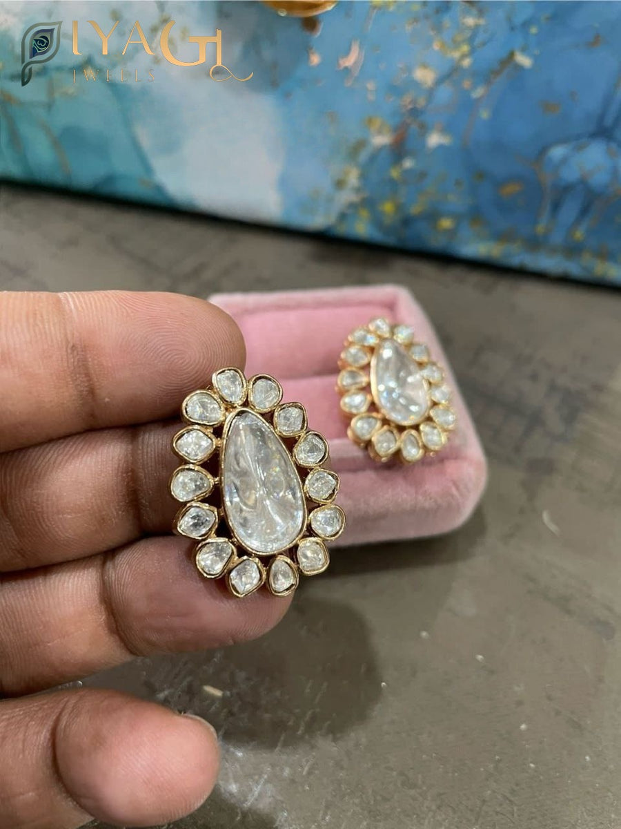 Gold platted floral design white stone chandbali earrings for festive occasions - PiyaGuJwells