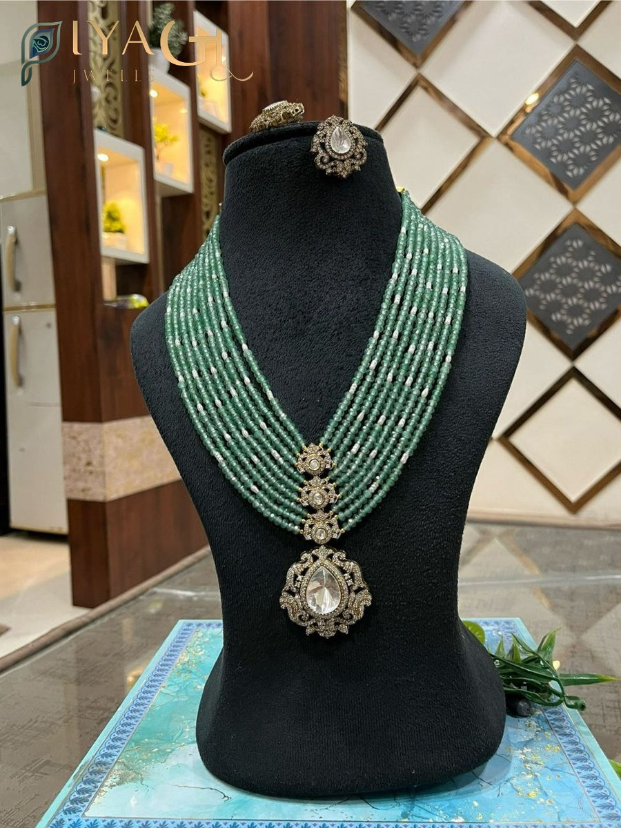 Silver tone oxidised floral design blue stone layered necklace set for ethnic wear - PiyaGuJwells