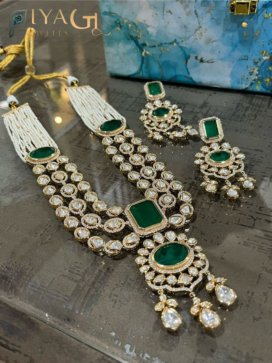 Gold platted floral green stone necklace set for festive occasions - PiyaGuJwells