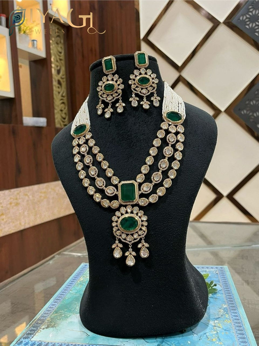 Gold platted floral green stone necklace set for festive occasions - PiyaGuJwells