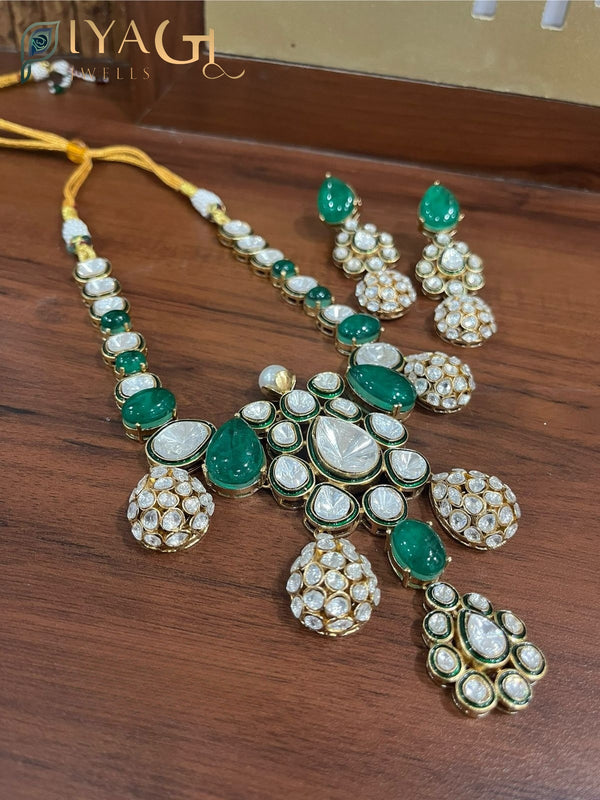 Gold tone green Stone stone floral design chandbali necklace set for festive events - PiyaGuJwells
