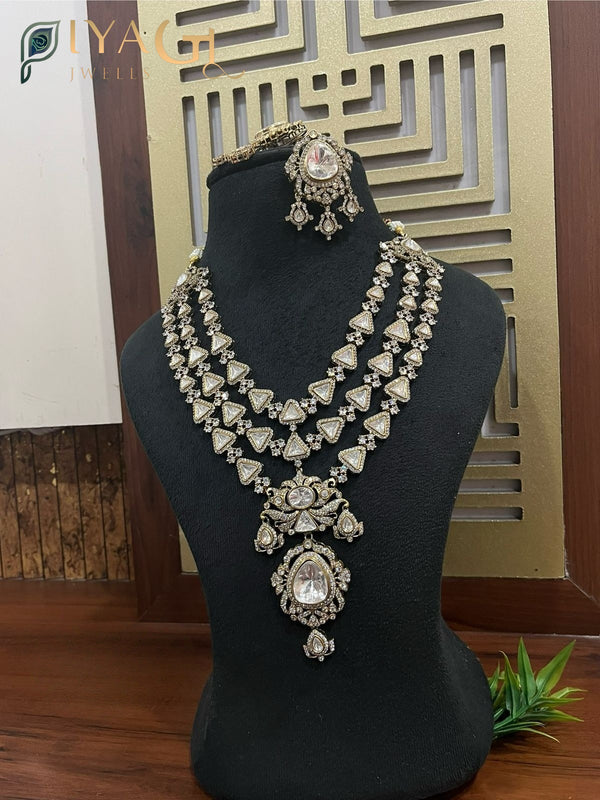 Silver finished floral design white polki layered necklace set for ethnic wear - PiyaGuJwells