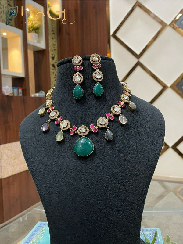 Multicolored gold-tone floral layered necklace set perfect for festive wear - PiyaGuJwells