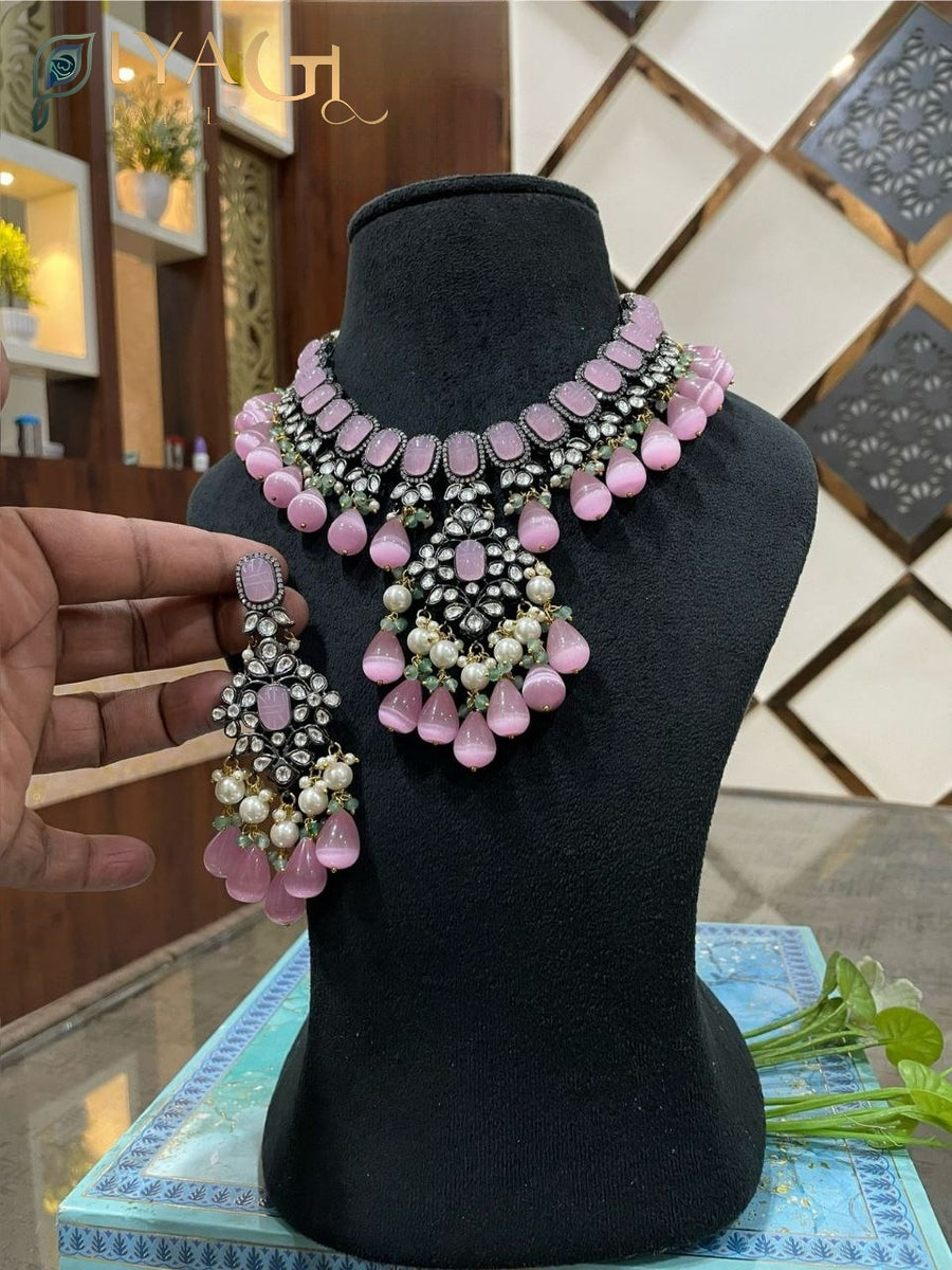 Golden finish multicolored stone floral design choker necklace set for bridal wear - PiyaGuJwells