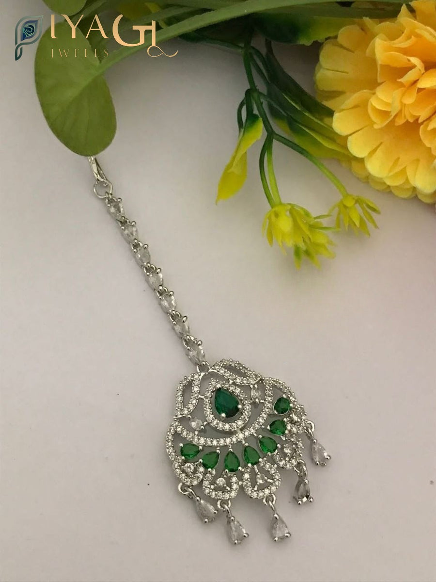 Silver tone chandbali style floral design maang tikka with multicolored cubic zirconia stones for ethnic wear - PiyaGuJwells