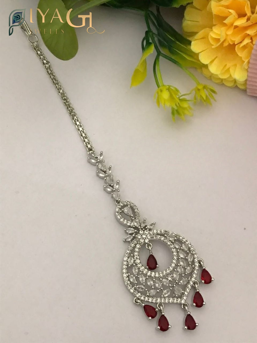 Silver tone chandbali style floral design maang tikka with multicolored cubic zirconia stones for ethnic wear - PiyaGuJwells