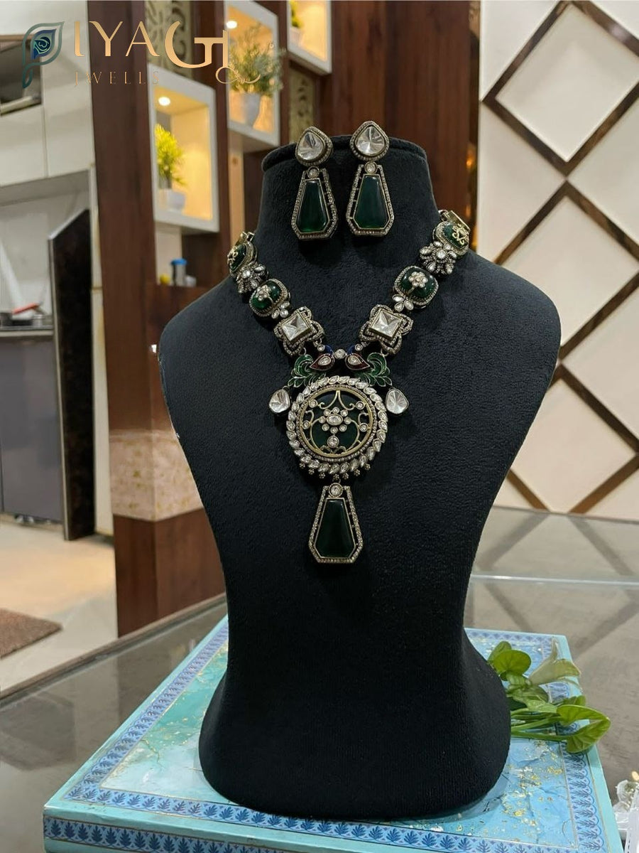 Silver Tone Green Stone Layered Floral Neckpiece Earring Set Festive - PiyaGuJwells