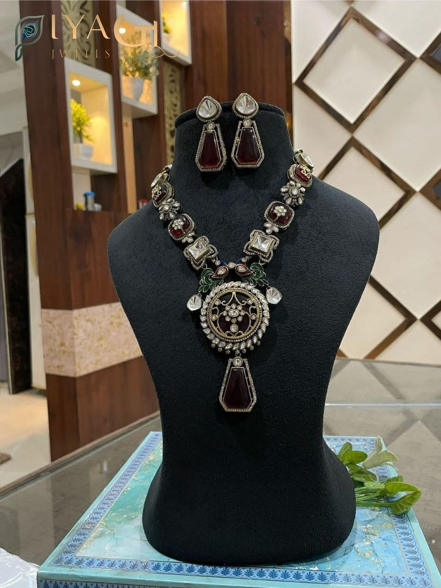 Silver Tone Green Stone Layered Floral Neckpiece Earring Set Festive - PiyaGuJwells