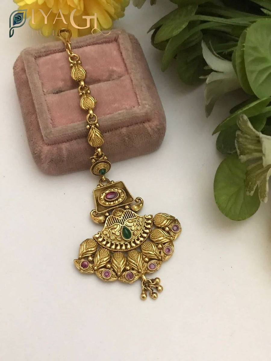 Gold tone floral design multicolor polki stone maang tikka for ethnic wear - PiyaGuJwells