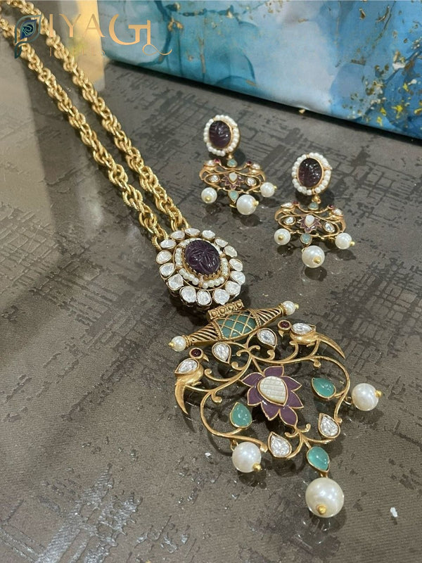 Multicolor stone gold tone layered necklace and earring set for festive occasions - PiyaGuJwells