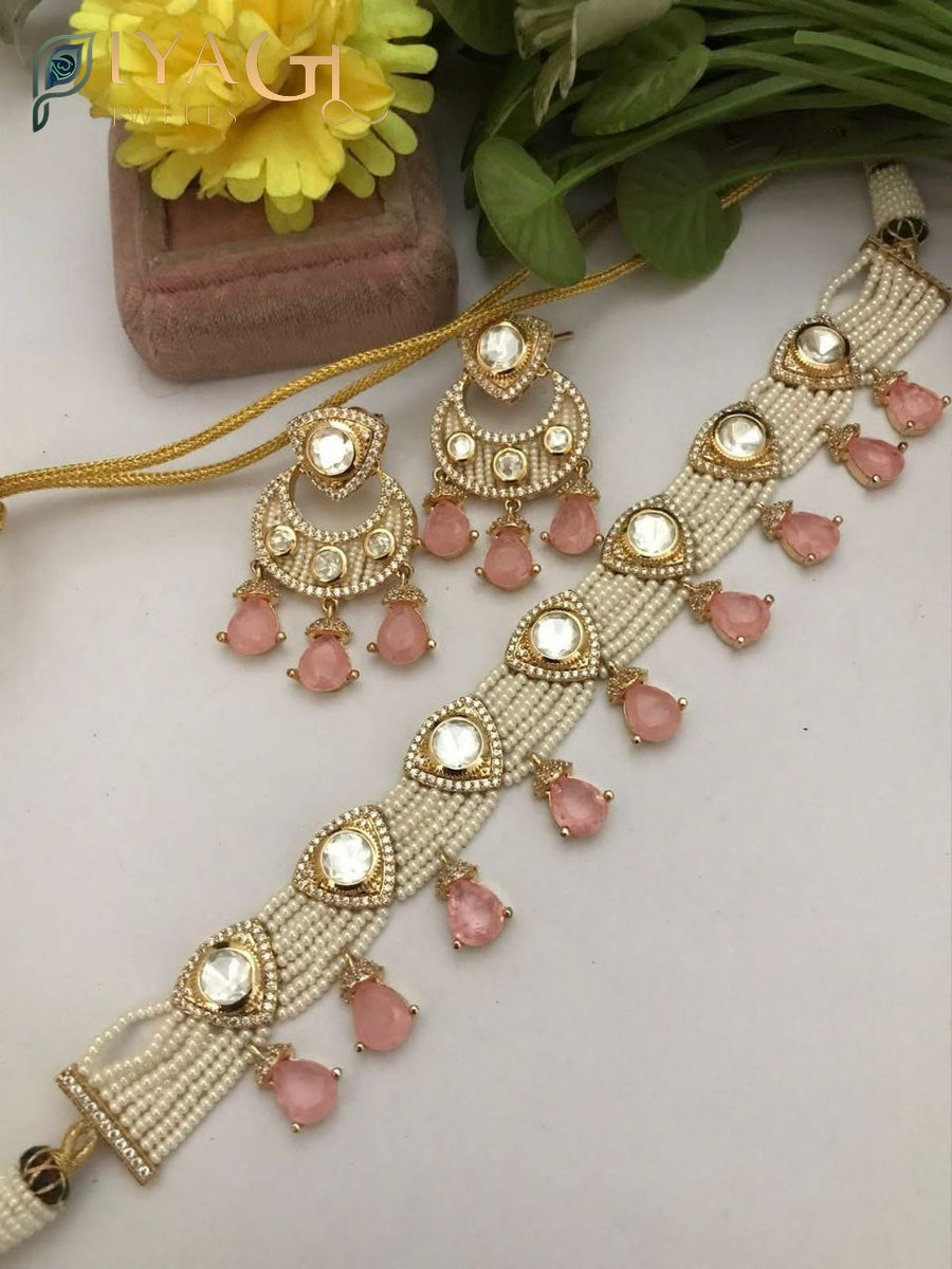 Gold tone white stone floral earring Necklace set - PiyaGuJwells