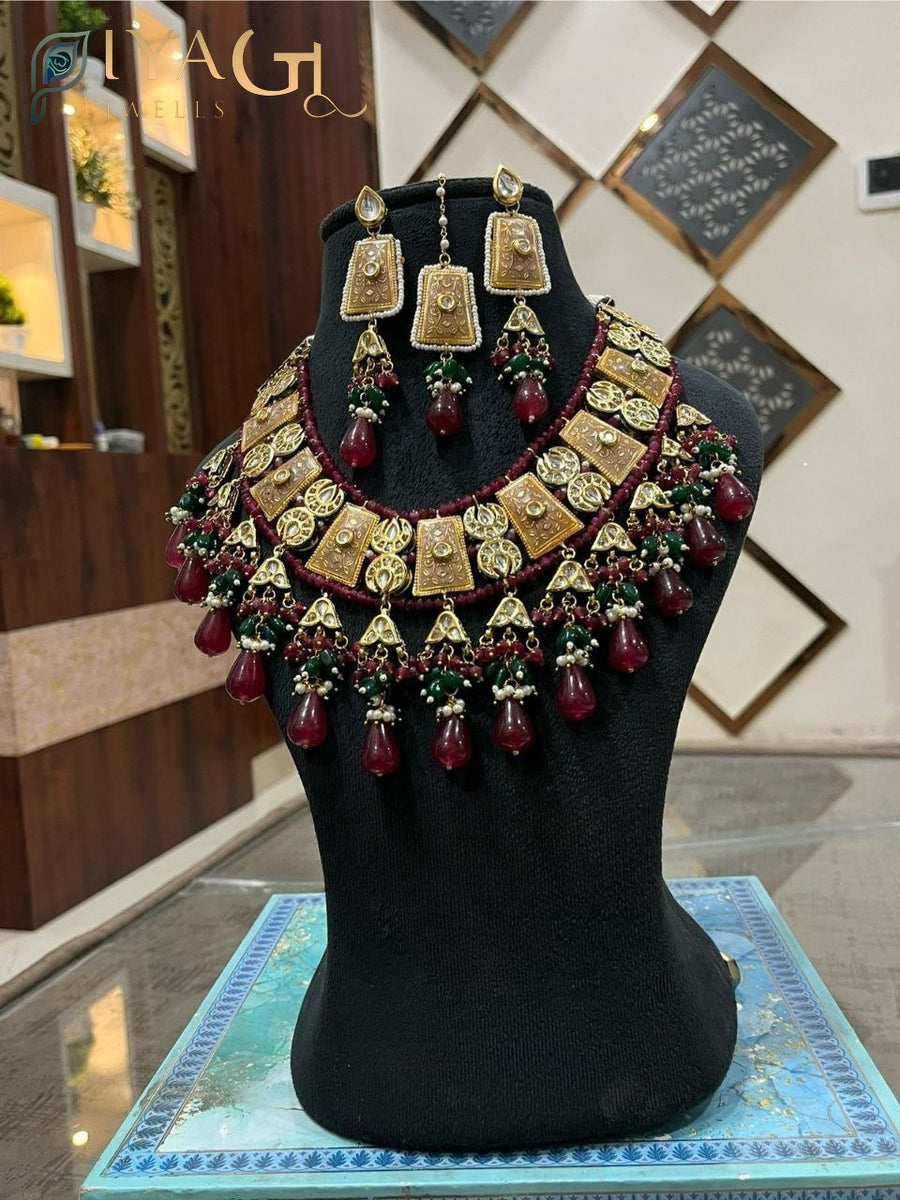 Multicolored stone stones on a gold-tone layered necklace set for festive occasions - PiyaGuJwells