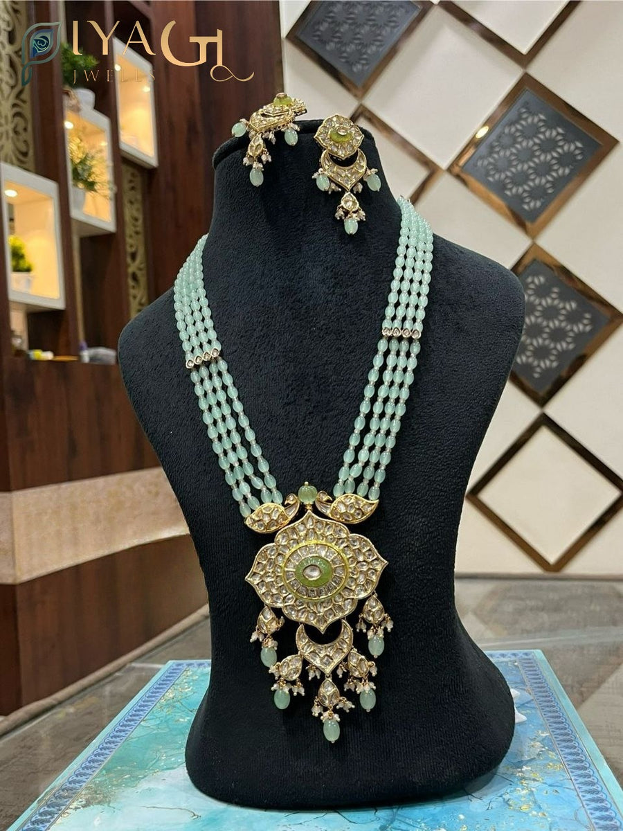 Green and white Stone gold tone layered necklace set for bridal occasions - PiyaGuJwells