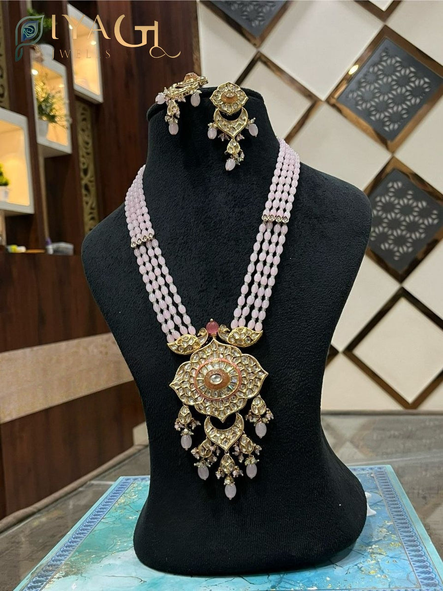 Green and white Stone gold tone layered necklace set for bridal occasions - PiyaGuJwells