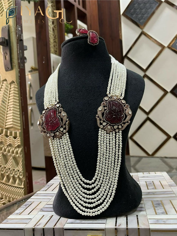 Silver platted green stone floral layered bridal necklace earring set - PiyaGuJwells