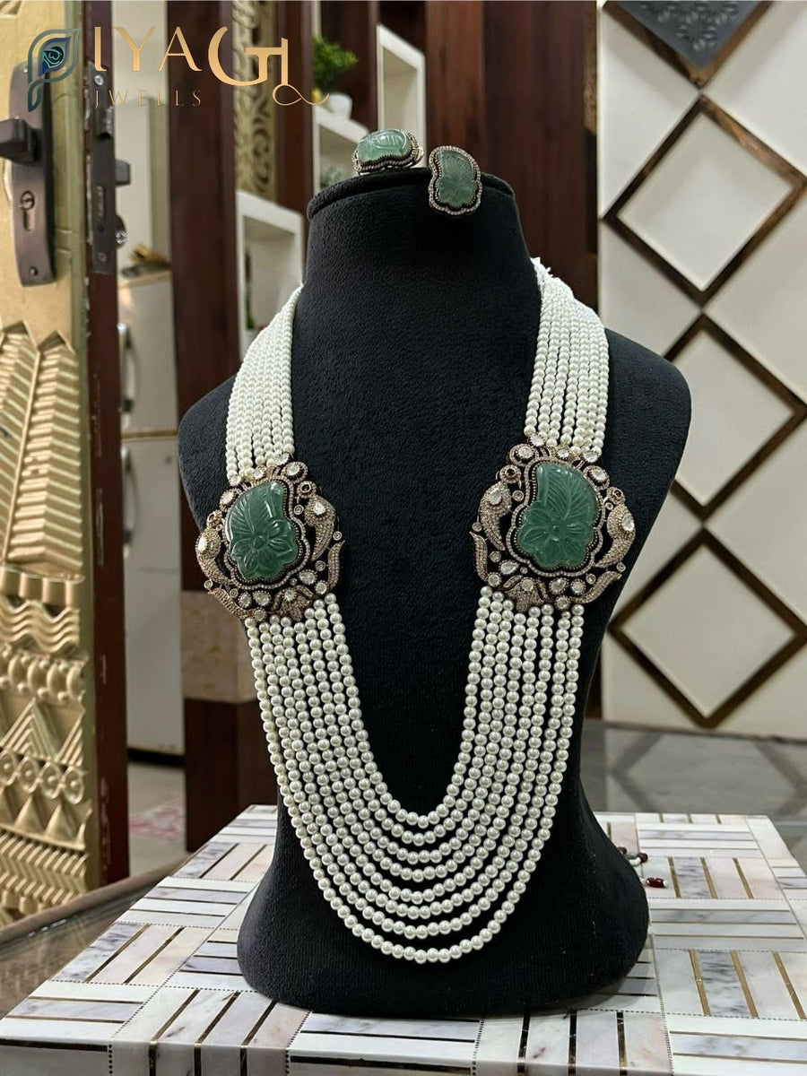 Silver platted green stone floral layered bridal necklace earring set - PiyaGuJwells