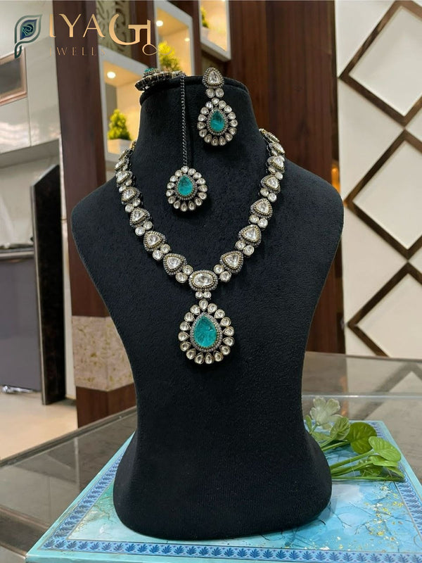 Silver Toned Blue Kundan Floral Chandbali Necklace Earring Set Ethnic Wear - PiyaGuJwells