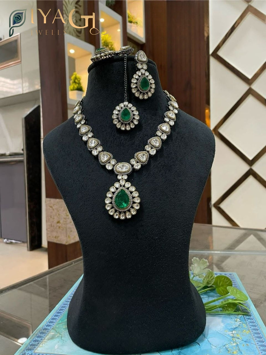Silver Toned Blue Kundan Floral Chandbali Necklace Earring Set Ethnic Wear - PiyaGuJwells
