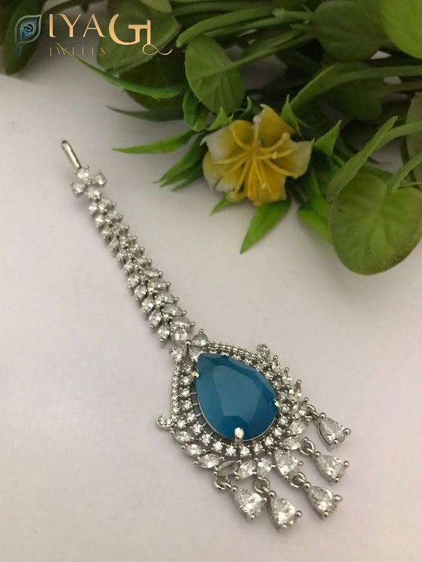 Silver tone floral design blue cubic zirconia chandbali maang tikka for festive wear - PiyaGuJwells