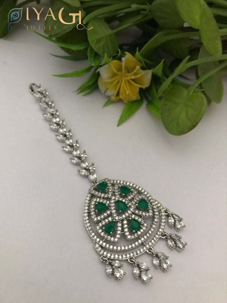 Rose gold floral design maang tikka with white cubic zirconia stones for ethnic wear - PiyaGuJwells