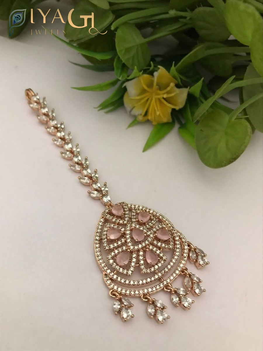 Rose gold floral design maang tikka with white cubic zirconia stones for ethnic wear - PiyaGuJwells