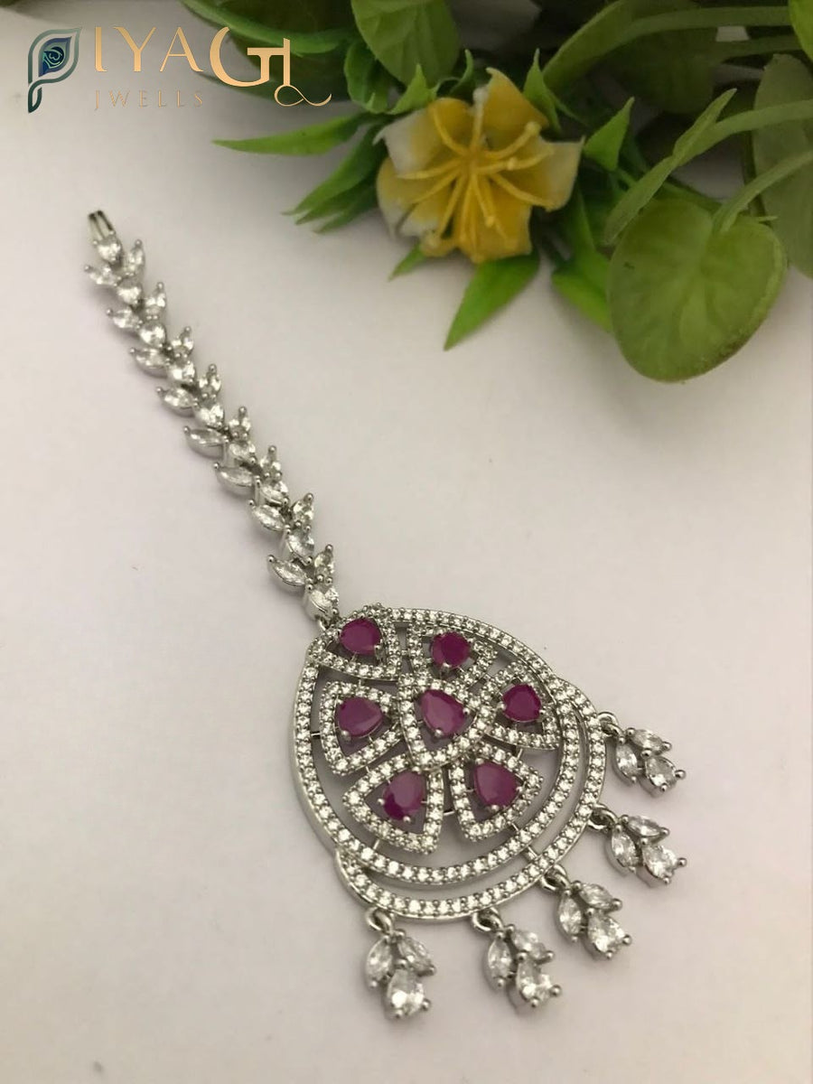 Rose gold floral design maang tikka with white cubic zirconia stones for ethnic wear - PiyaGuJwells