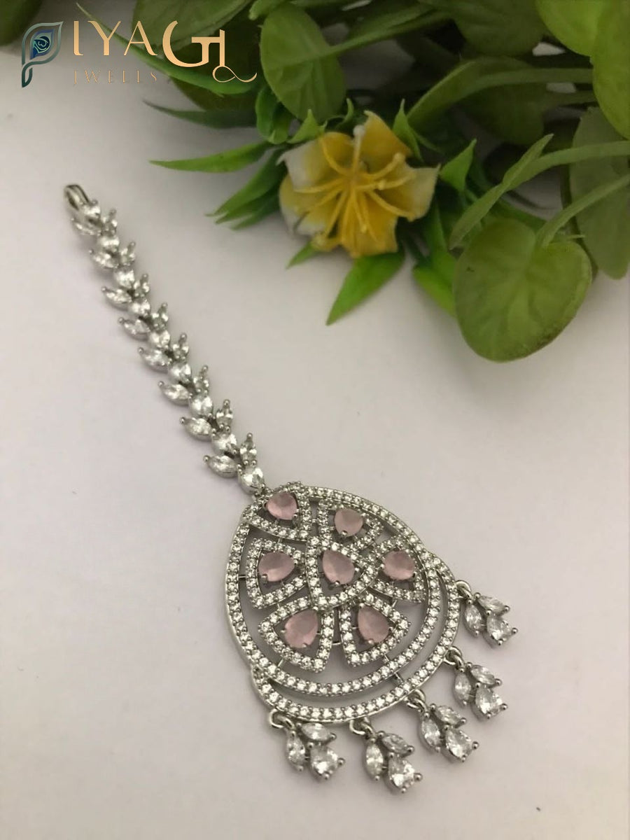 Rose gold floral design maang tikka with white cubic zirconia stones for ethnic wear - PiyaGuJwells