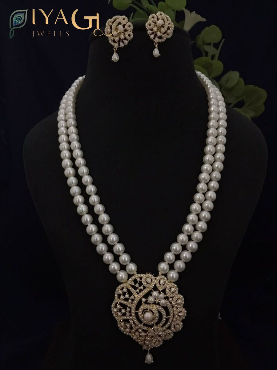 Gold tone white pearl layered necklace set for ethnic and bridal occasions - PiyaGuJwells