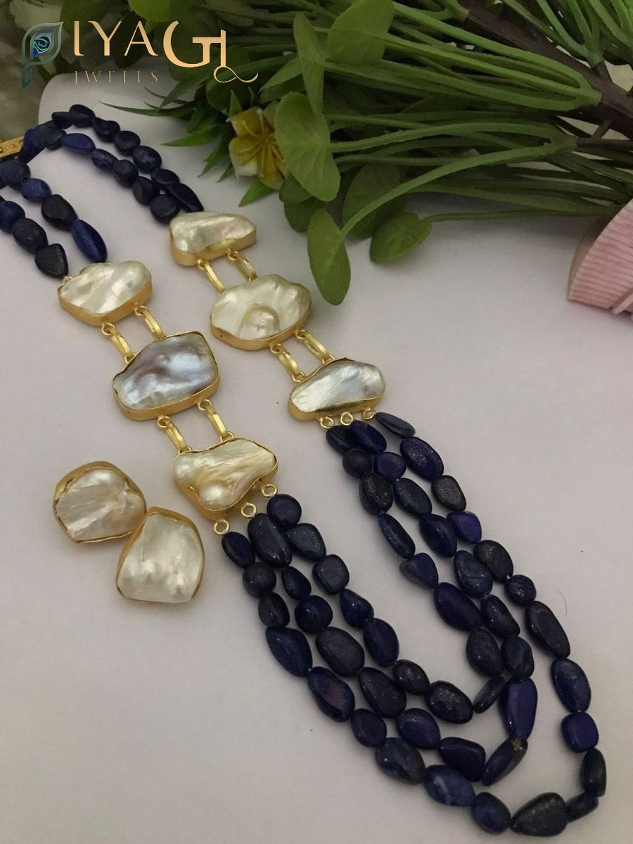 Gold tone white pearl layered necklace and earring set for festive wear - PiyaGuJwells