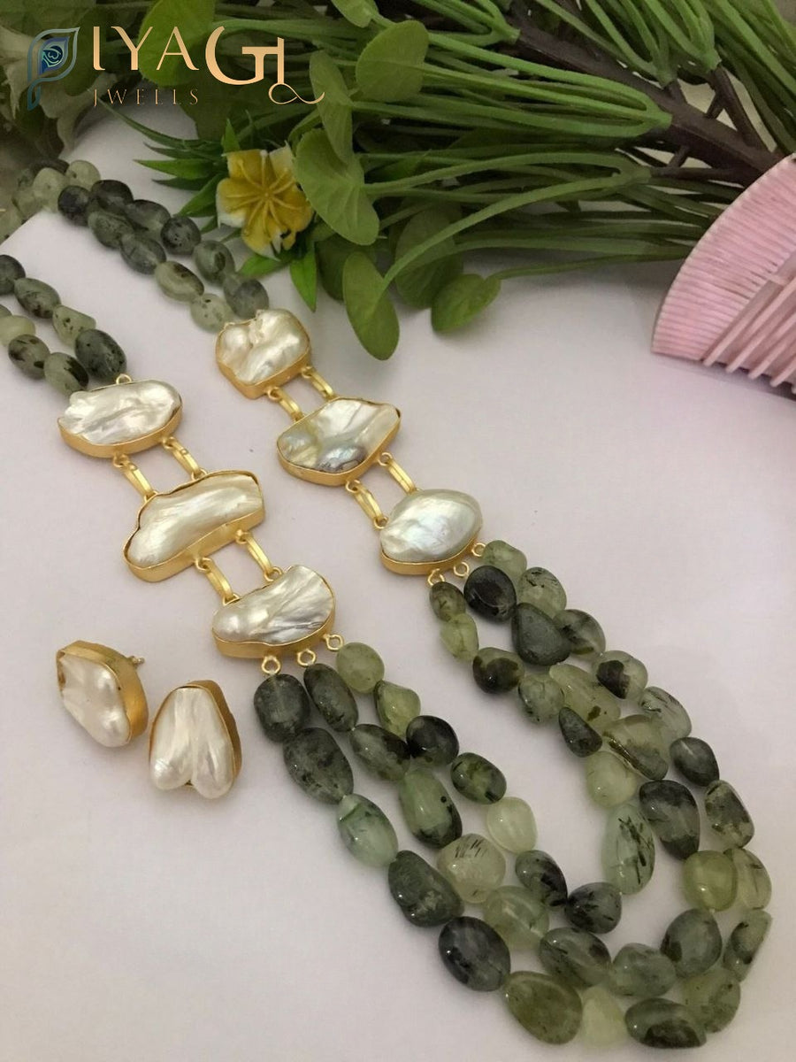 Gold tone white pearl layered necklace and earring set for festive wear - PiyaGuJwells