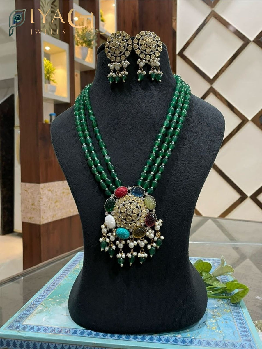 Gold platted green stone floral necklace earring set for ethnic wear - PiyaGuJwells
