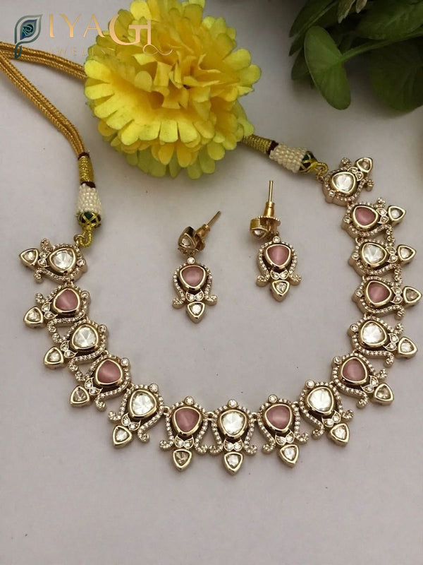 Gold platted floral design with pink stone stones, choker necklace and earring set for festive occasions - PiyaGuJwells