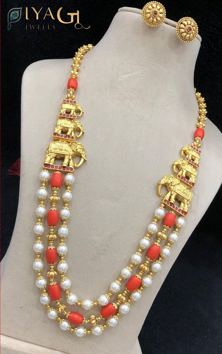 Gold antique finish layered necklace with red bead elephant motif for ethnic wear - PiyaGuJwells