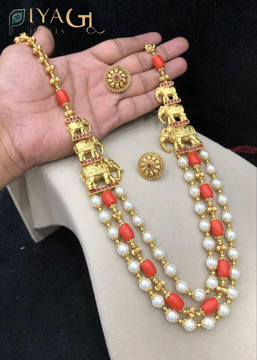Gold antique finish layered necklace with red bead elephant motif for ethnic wear - PiyaGuJwells