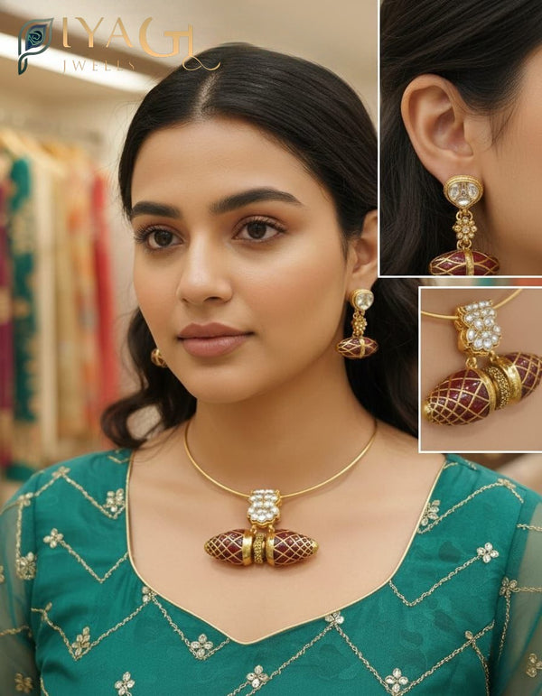 Gold polished floral choker necklace earring set with white stones for festive wear - PiyaGuJwells